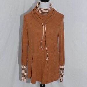 Doe & Rae Womens Medium Tunic Turtleneck Cowl Neck Rust Orange White Stripes EUC